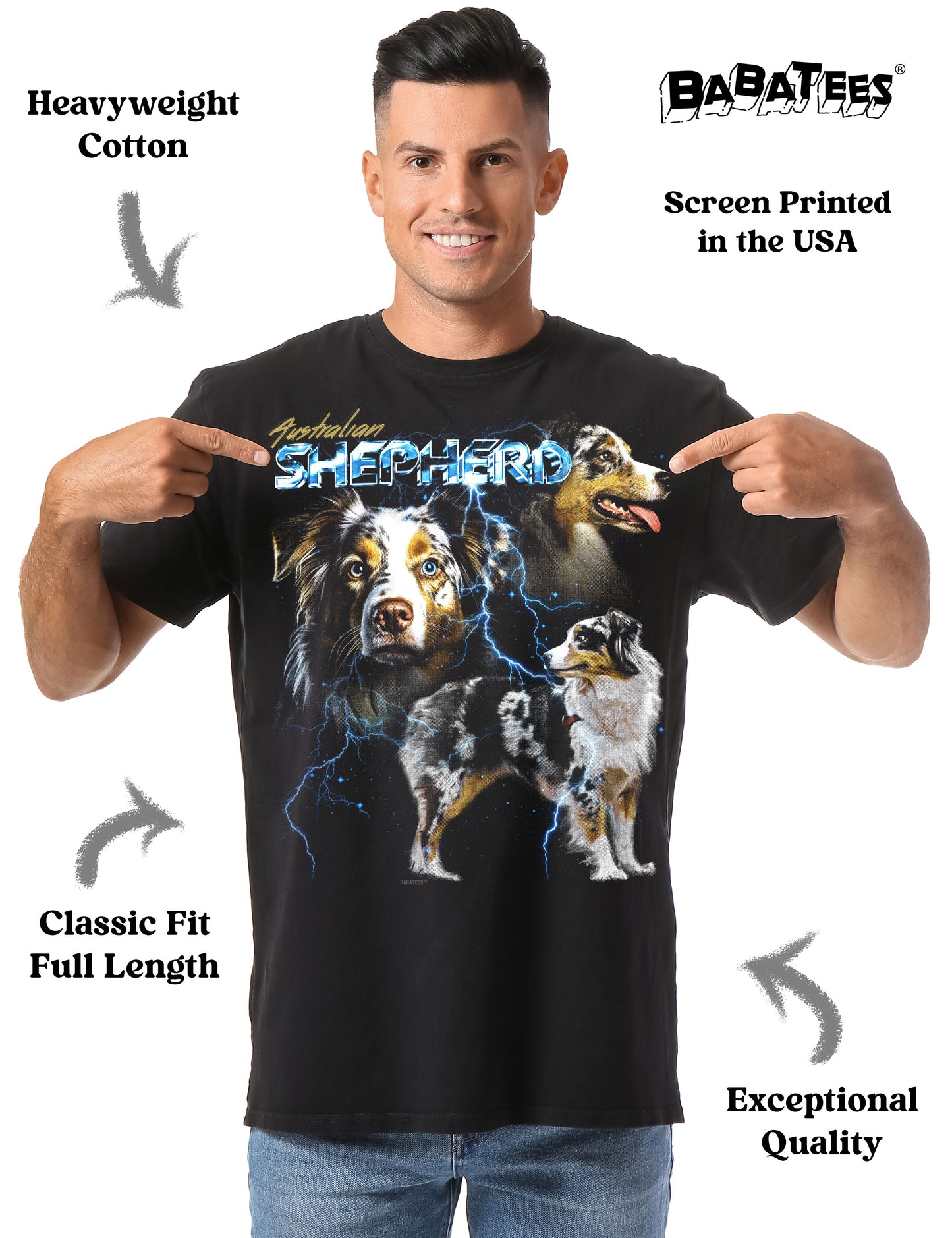 BABATEES Heavy Metal 80s Australian Shepherd Tshirt for Men & Women