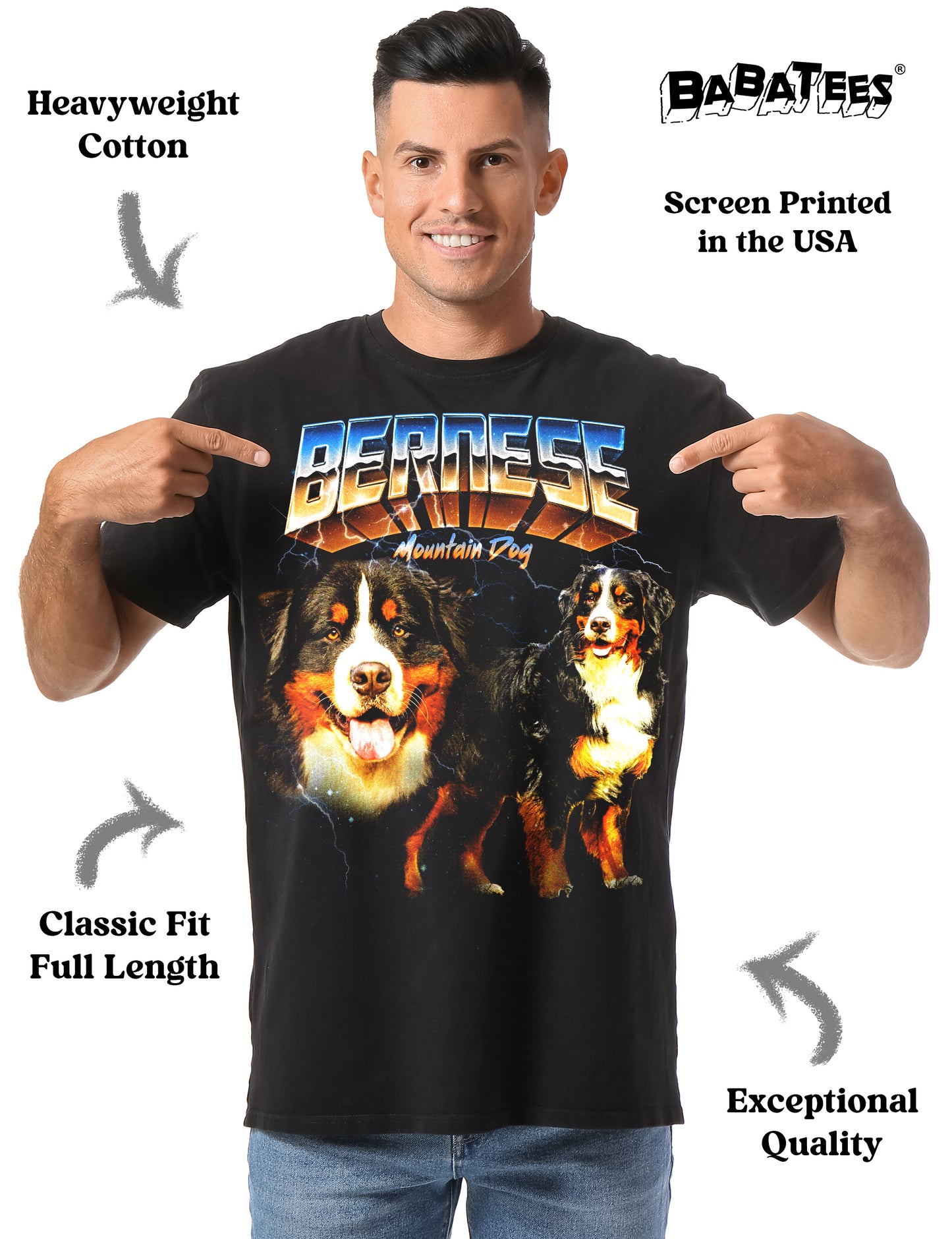 BABATEES Heavy Metal 80s glam Bernese Mountain dog Tshirt for Men & Women