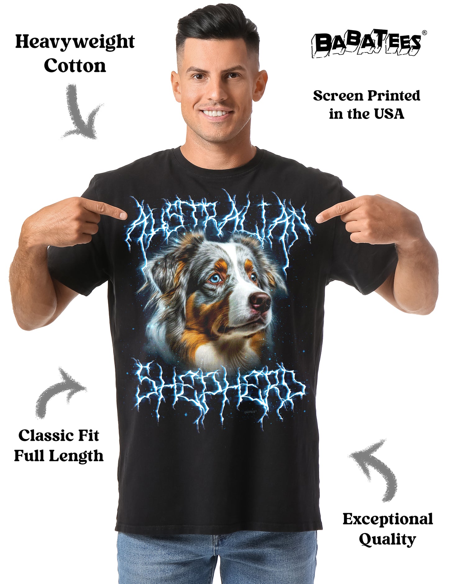 BABATEES Heavy Metal 80s Australian Shepherd Tshirt for Men & Women