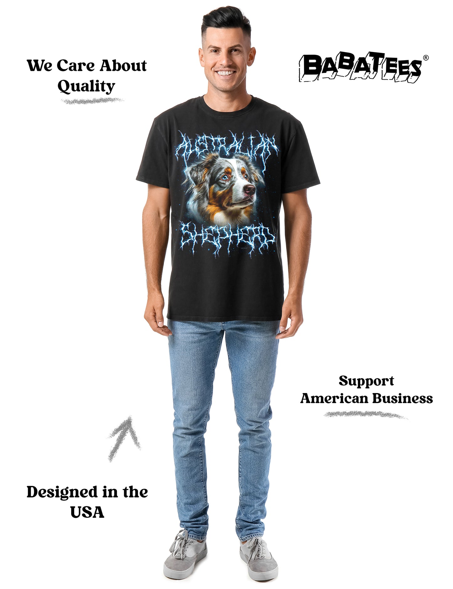 BABATEES Heavy Metal 80s Australian Shepherd Tshirt for Men & Women