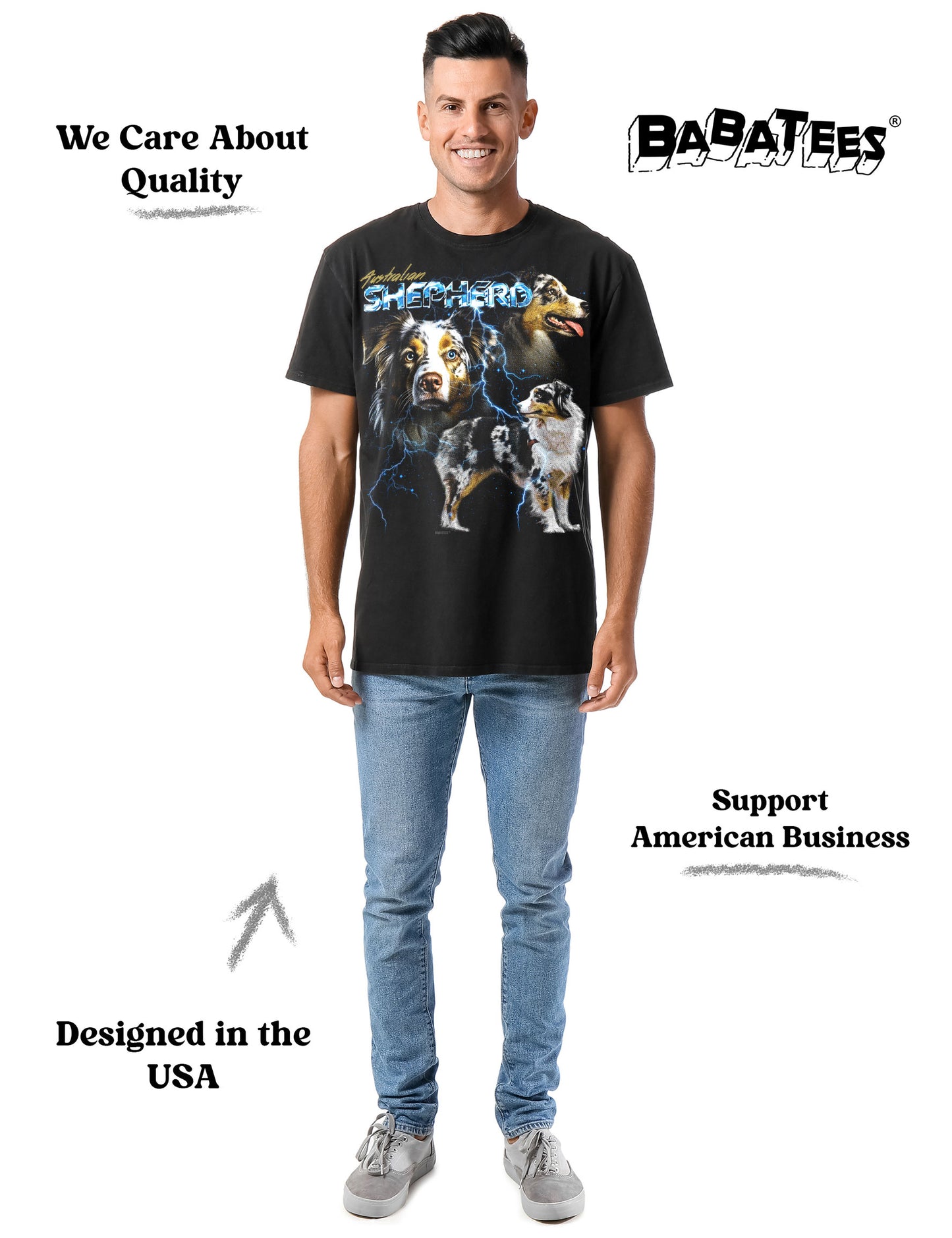 BABATEES Heavy Metal 80s Australian Shepherd Tshirt for Men & Women